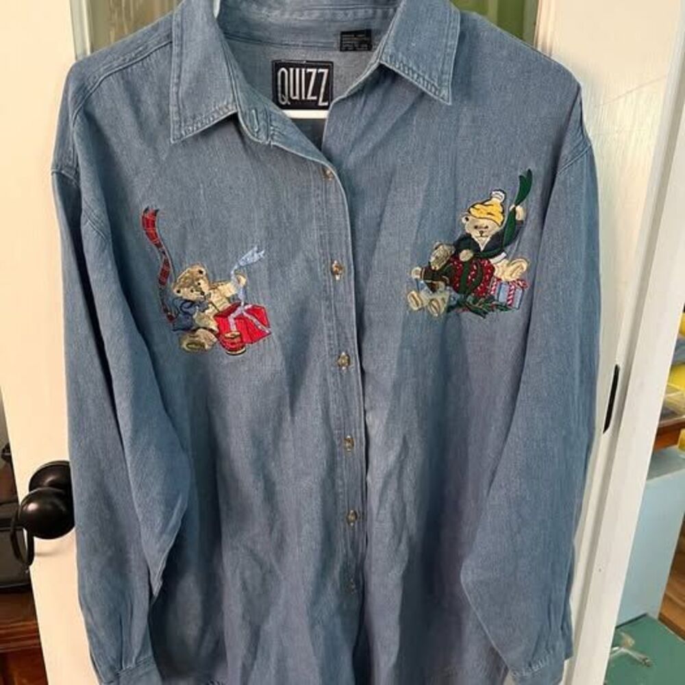 QUIZZ Vintage Denim Embroidered Teddy Bear Button Down Shirt Size L